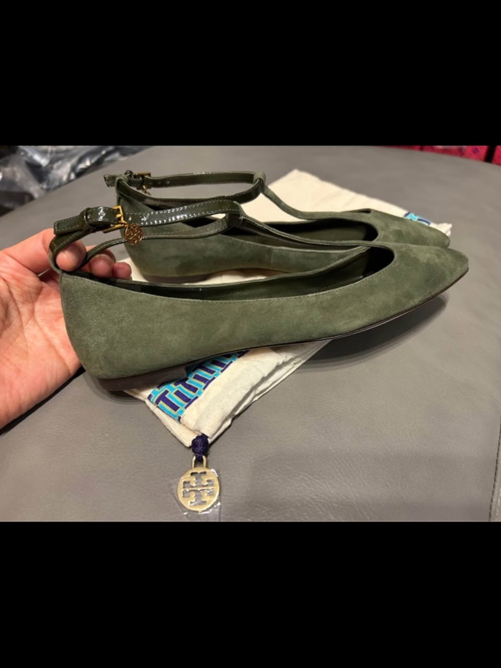Tory Burch Olive Suede T-Strap Ballet Flat - Picture 3 of 8